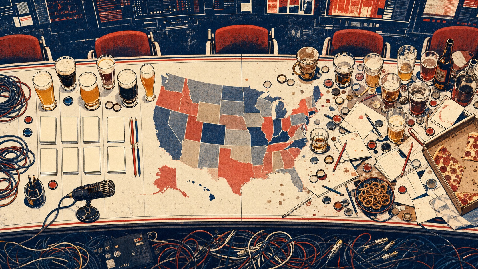 An illustrated election desk that becomes increasingly covered in beer glasses, bottle caps, tally sheets, snacks, and broadcast cables.